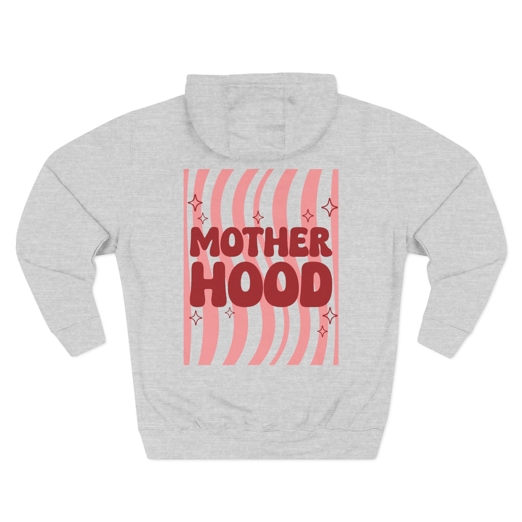Front view of heather grey hoodie with customizable name embroidered on the chest