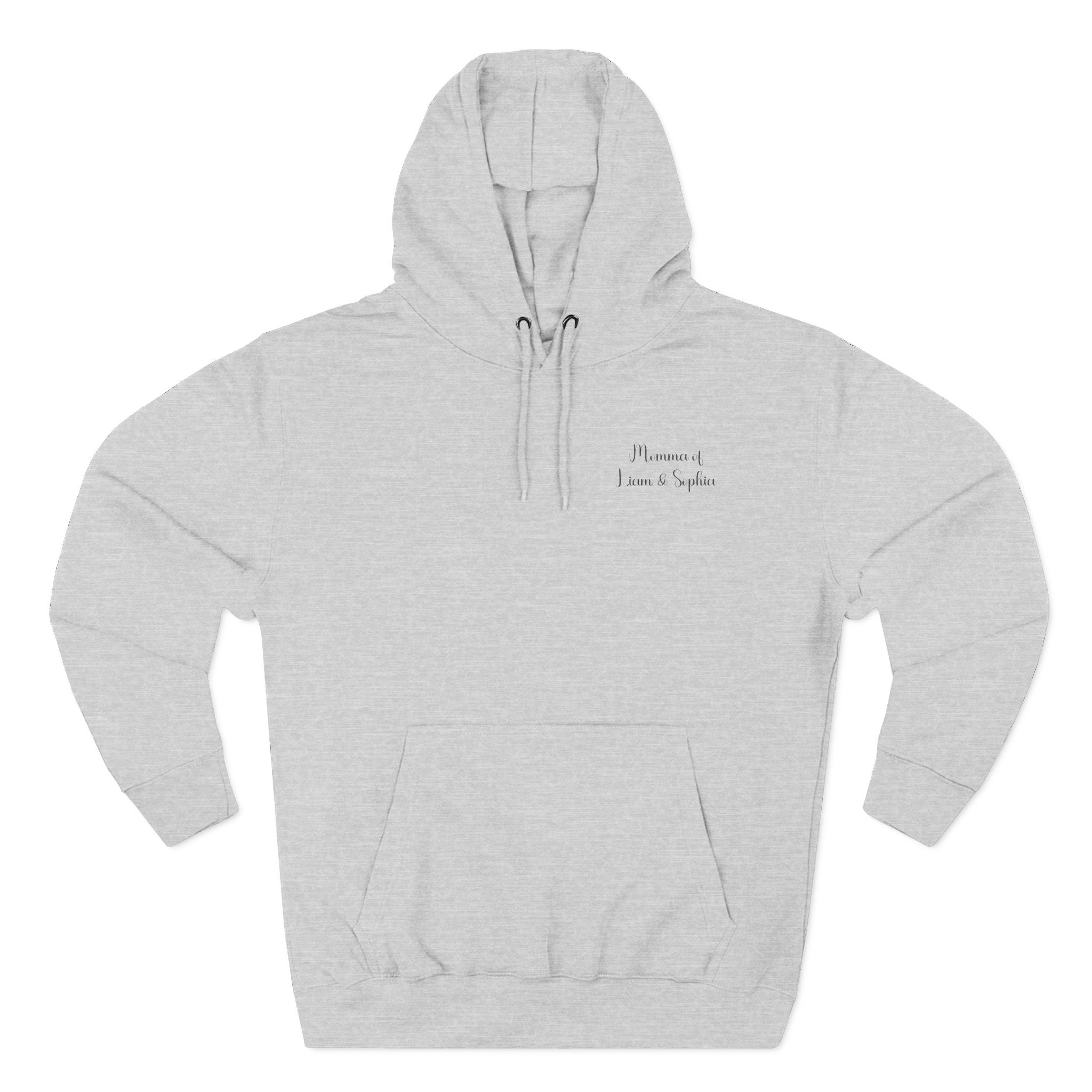 Back view of heather grey hoodie with “Motherhood” design