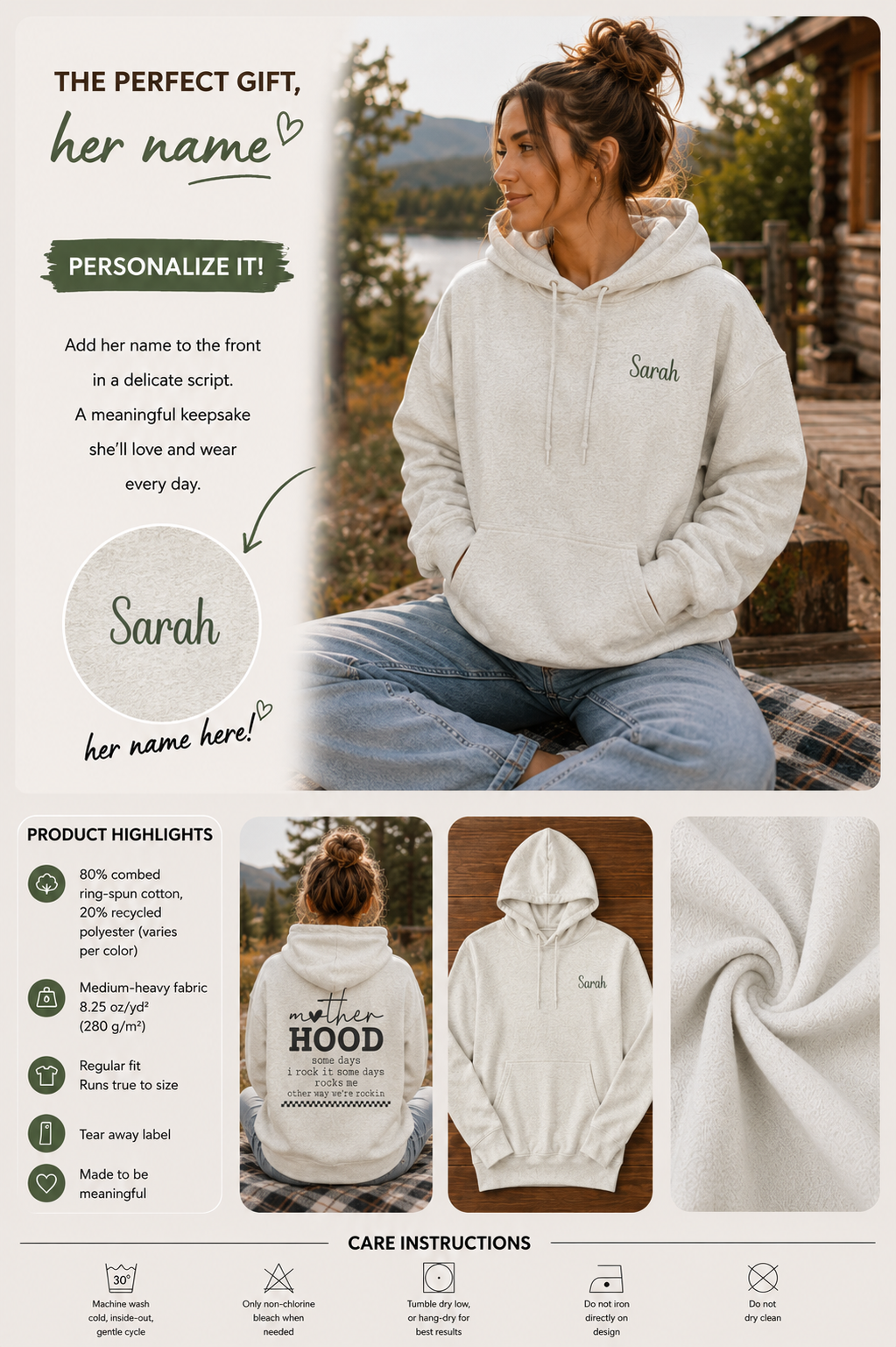 A promotional collage for a customizable white hoodie. The main image shows a woman sitting outdoors wearing the hoodie, with text on the left describing personalization options and name placeholders like 'Sarah'. Special gift for mom