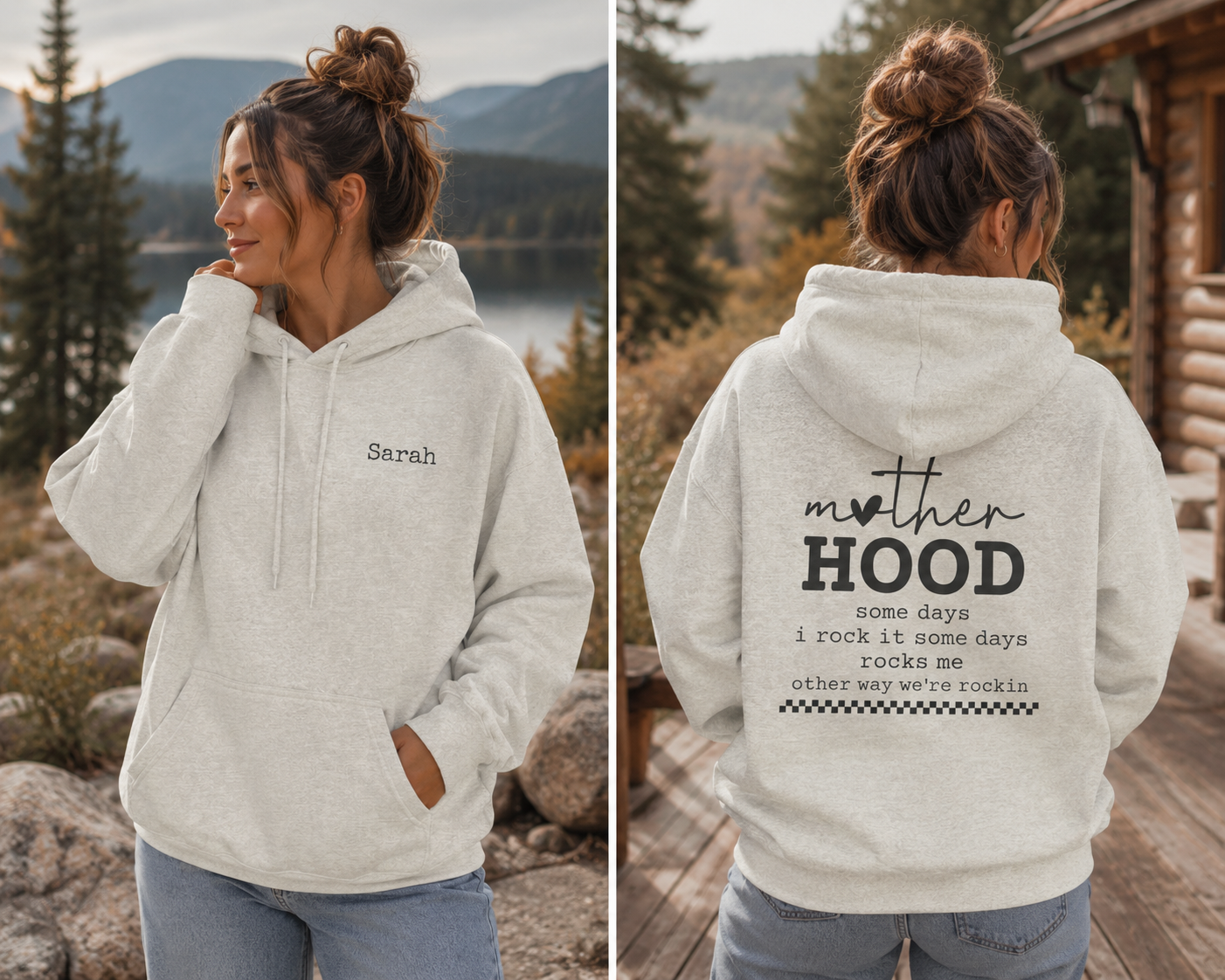 A woman modeling a light heather gray hoodie, shown from both the front and back. The front features the name 'Sarah' printed in black on the left chest, while the back displays a large graphic that reads 'mother HOOD' with a quote underneath. Special gift for mom