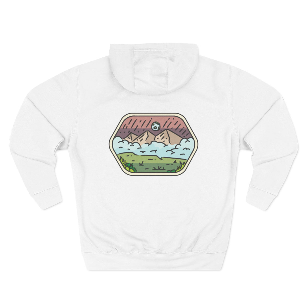 White personalized hoodie, back view, with mountain landscape badge design