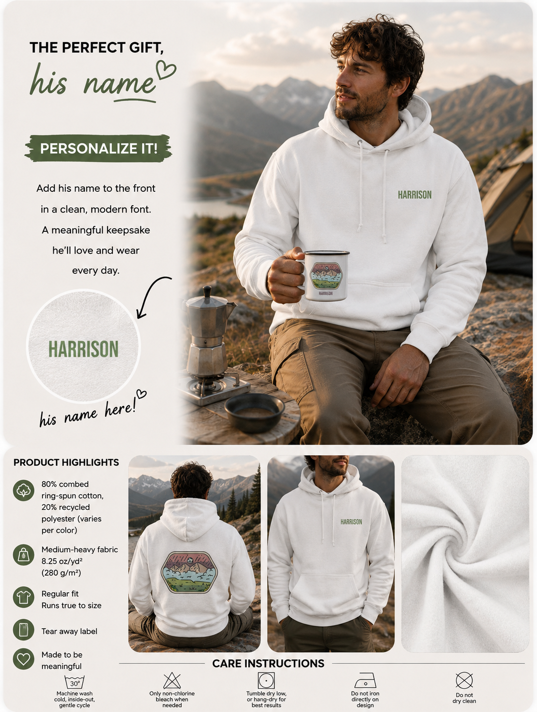 Product information graphic showing personalization placement, fabric details, and care instructions