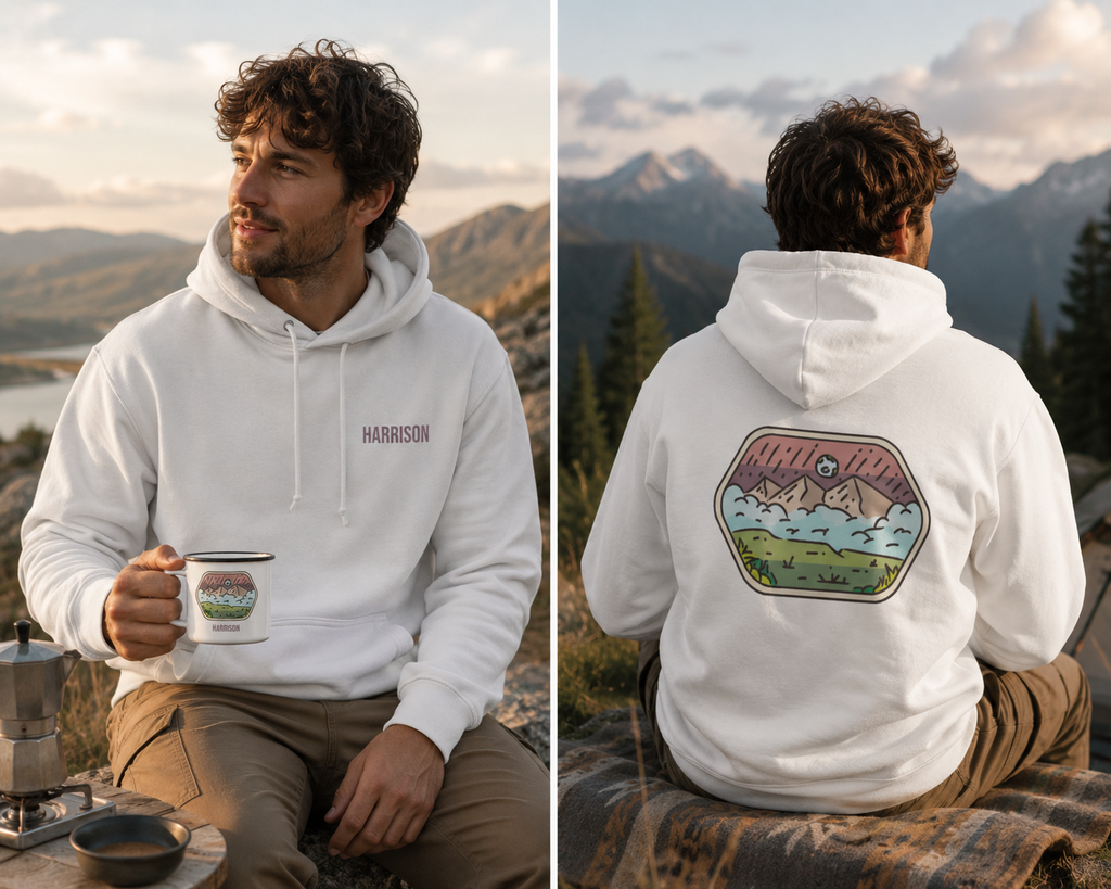 Man wearing the personalized hoodie, front view with name on the chest and back view showing the design