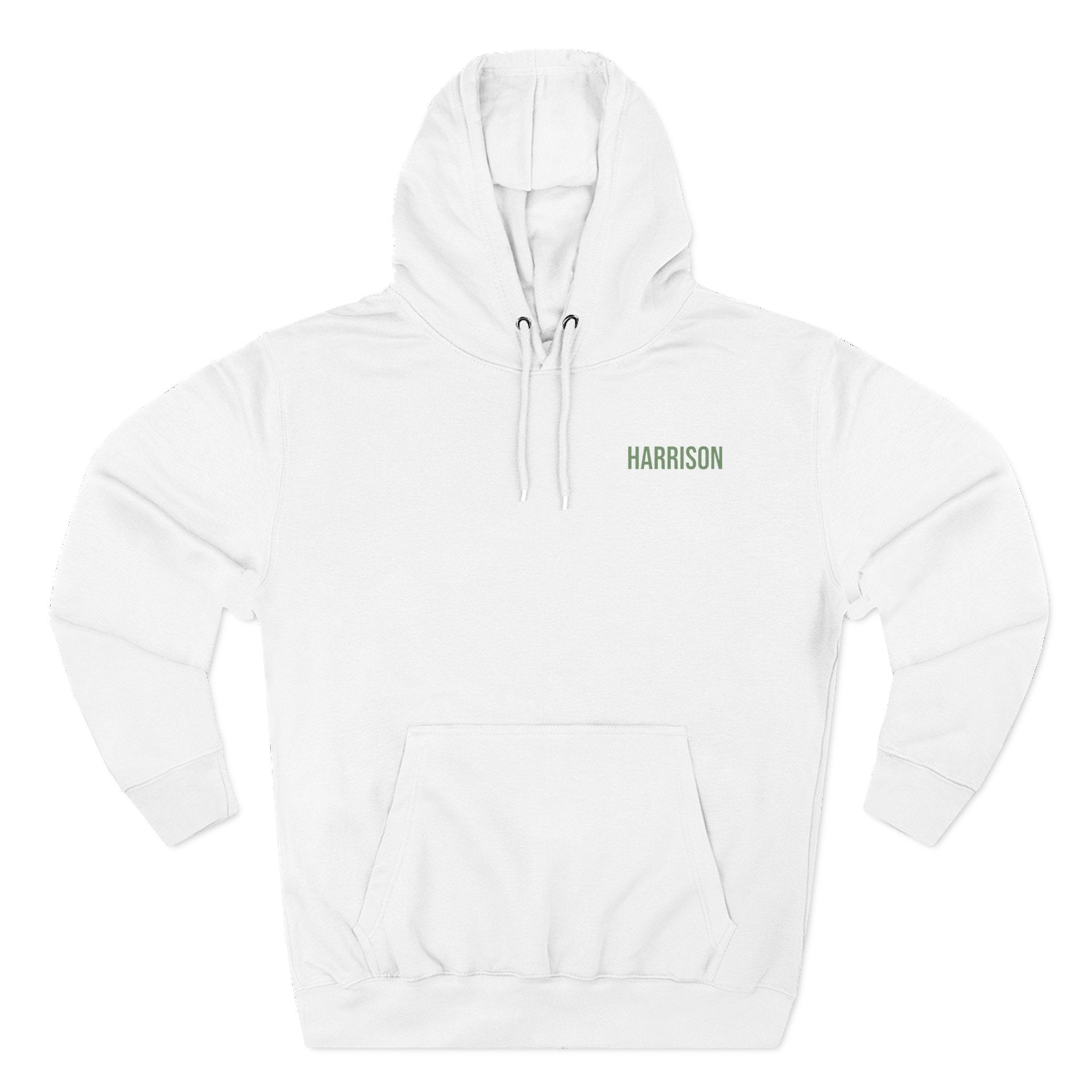 Front view of white hoodie with customizable name embroidered on the chest