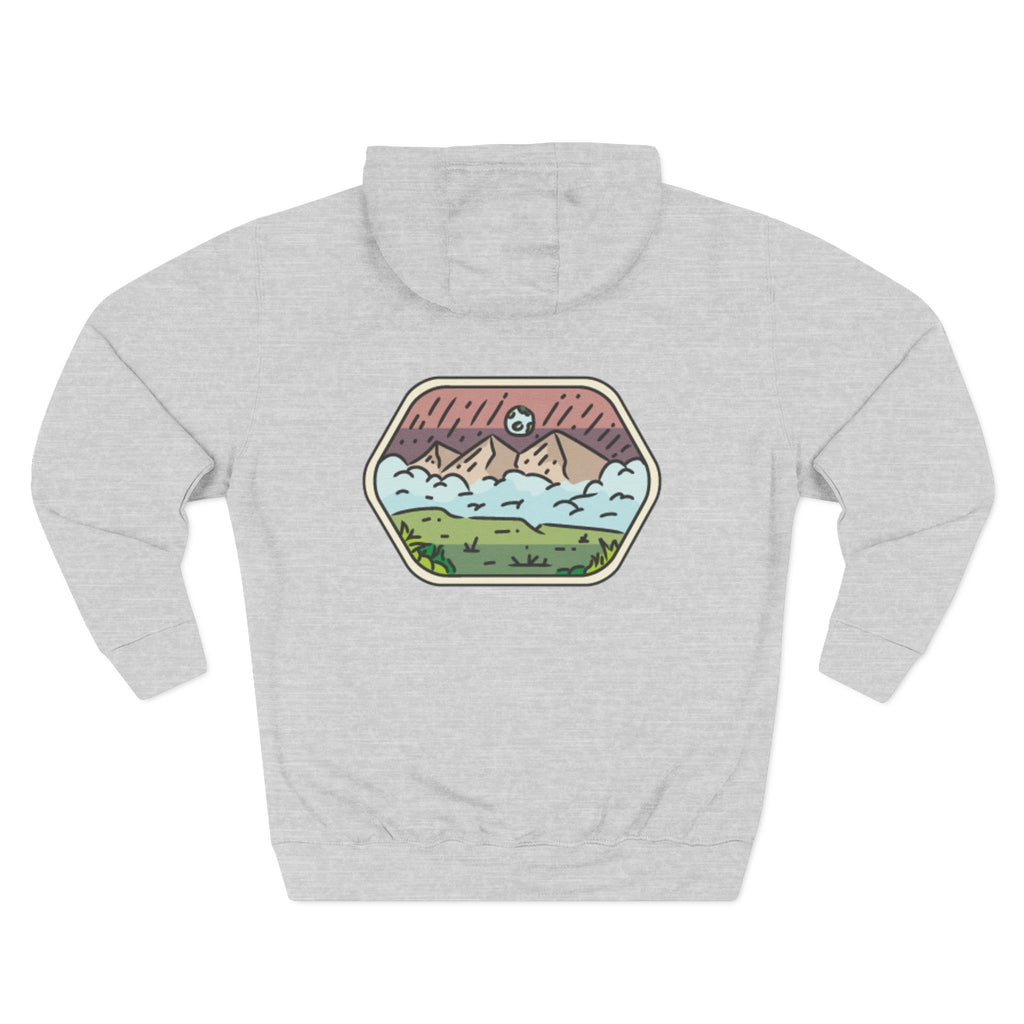 Front view of heather grey hoodie with customizable name embroidered on the chest