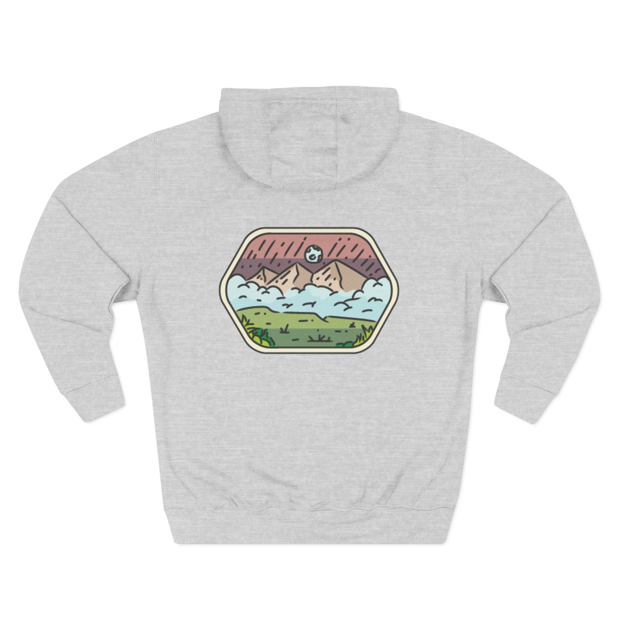Front view of heather grey hoodie with customizable name embroidered on the chest
