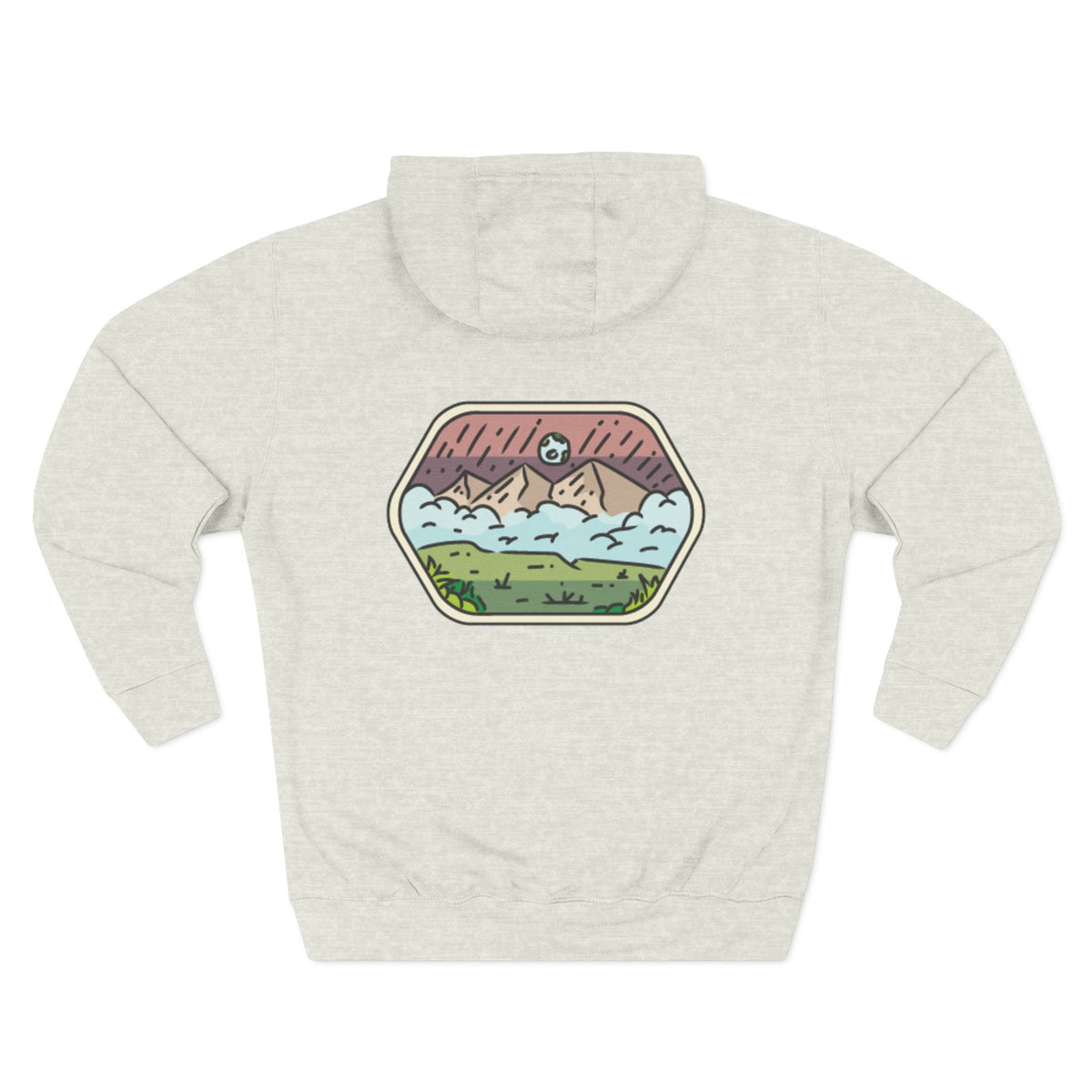Front view of oatmeal heather hoodie with customizable name embroidered on the chest