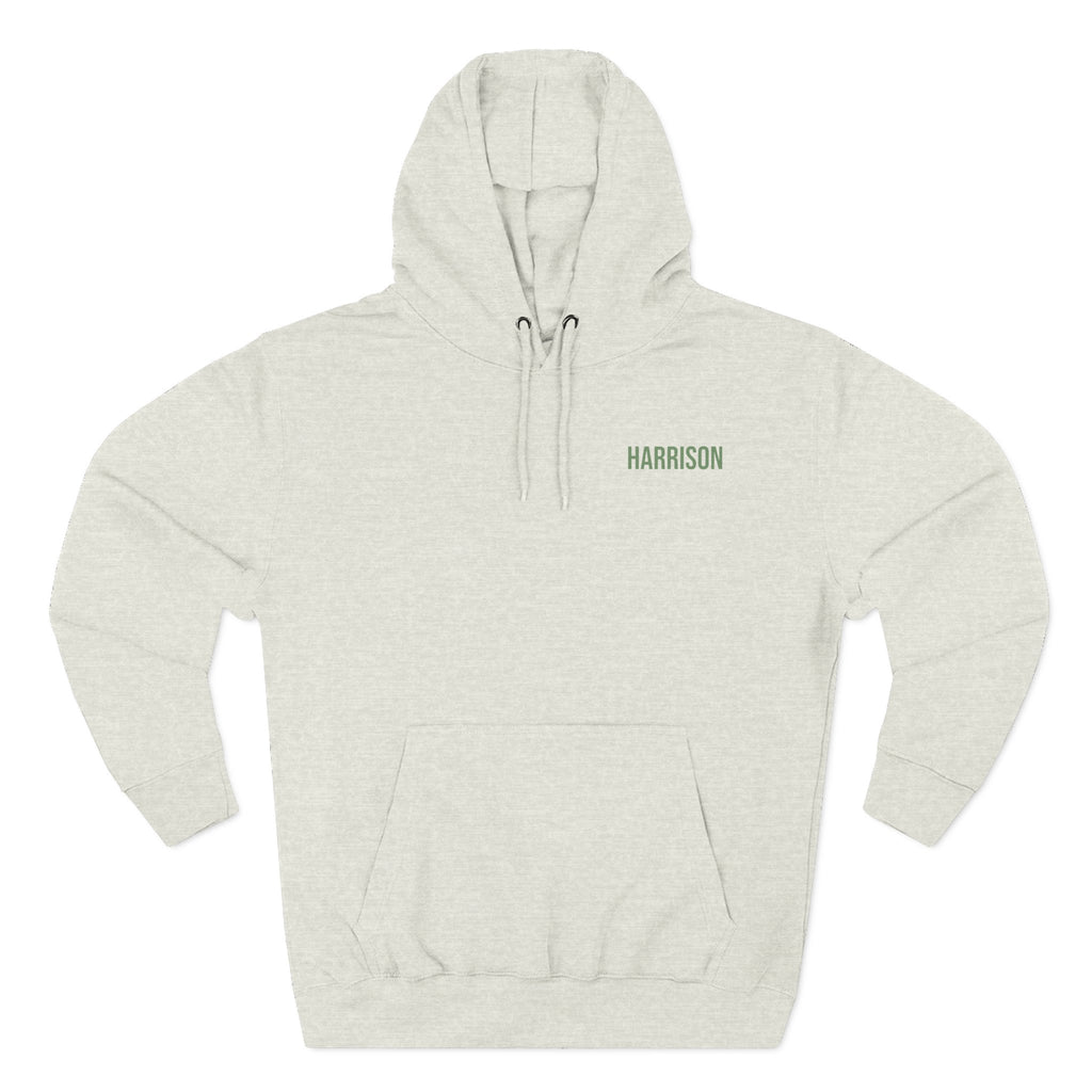 Back view of oatmeal heather hoodie with mountain landscape badge design