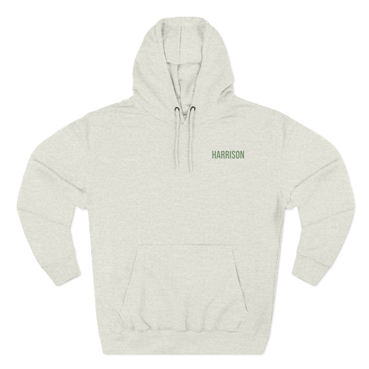 Back view of oatmeal heather hoodie with mountain landscape badge design