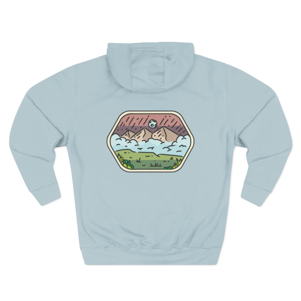 Front view of blue mist hoodie with customizable name embroidered on the chest