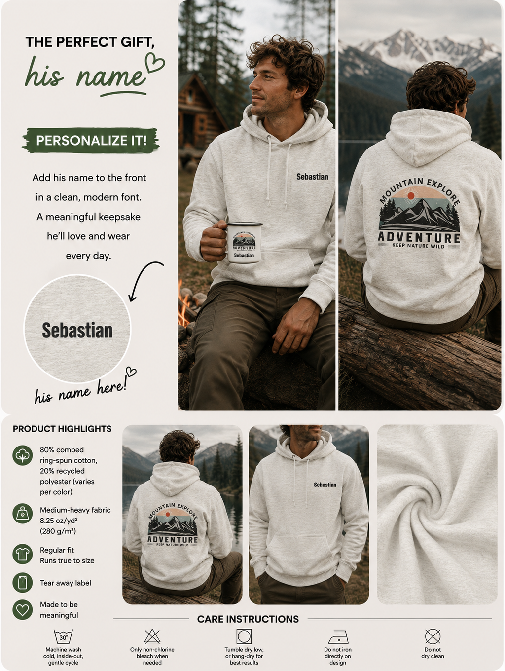 A personalized hoodie gift set featuring a white hoodie with customizable text and a printed mountain graphic. The image showcases models wearing the hoodie in outdoor settings, along with product details, care instructions, and fabric swatches. Special gift him, dad, granddad, boyfriend.