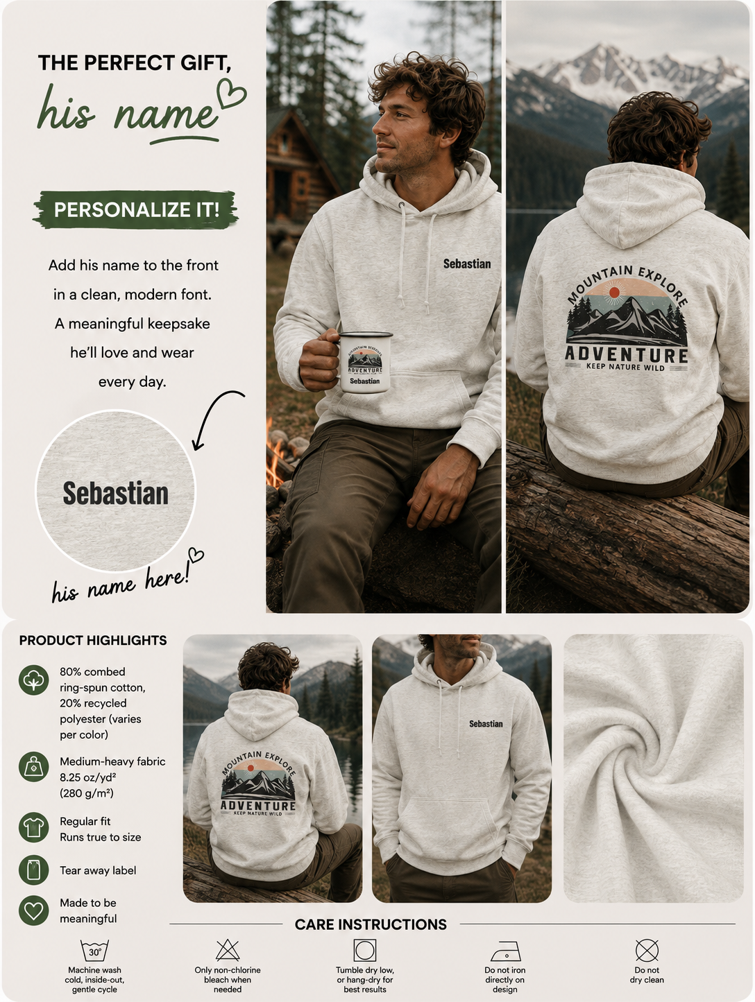 A personalized hoodie gift set featuring a white hoodie with customizable text and a printed mountain graphic. The image showcases models wearing the hoodie in outdoor settings, along with product details, care instructions, and fabric swatches. Special gift him, dad, granddad, boyfriend.