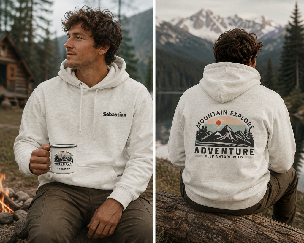 A man wearing a white pullover hoodie is shown in a split view, facing left near a campfire and facing away to show the back graphic. The hoodie has 'Sebastian' printed on the left chest and is personalizable. And a large 'Mountain Explore Adventure Keep Nature Wild' graphic on the back. Special gift for him, dad, boyfriend, granddad.