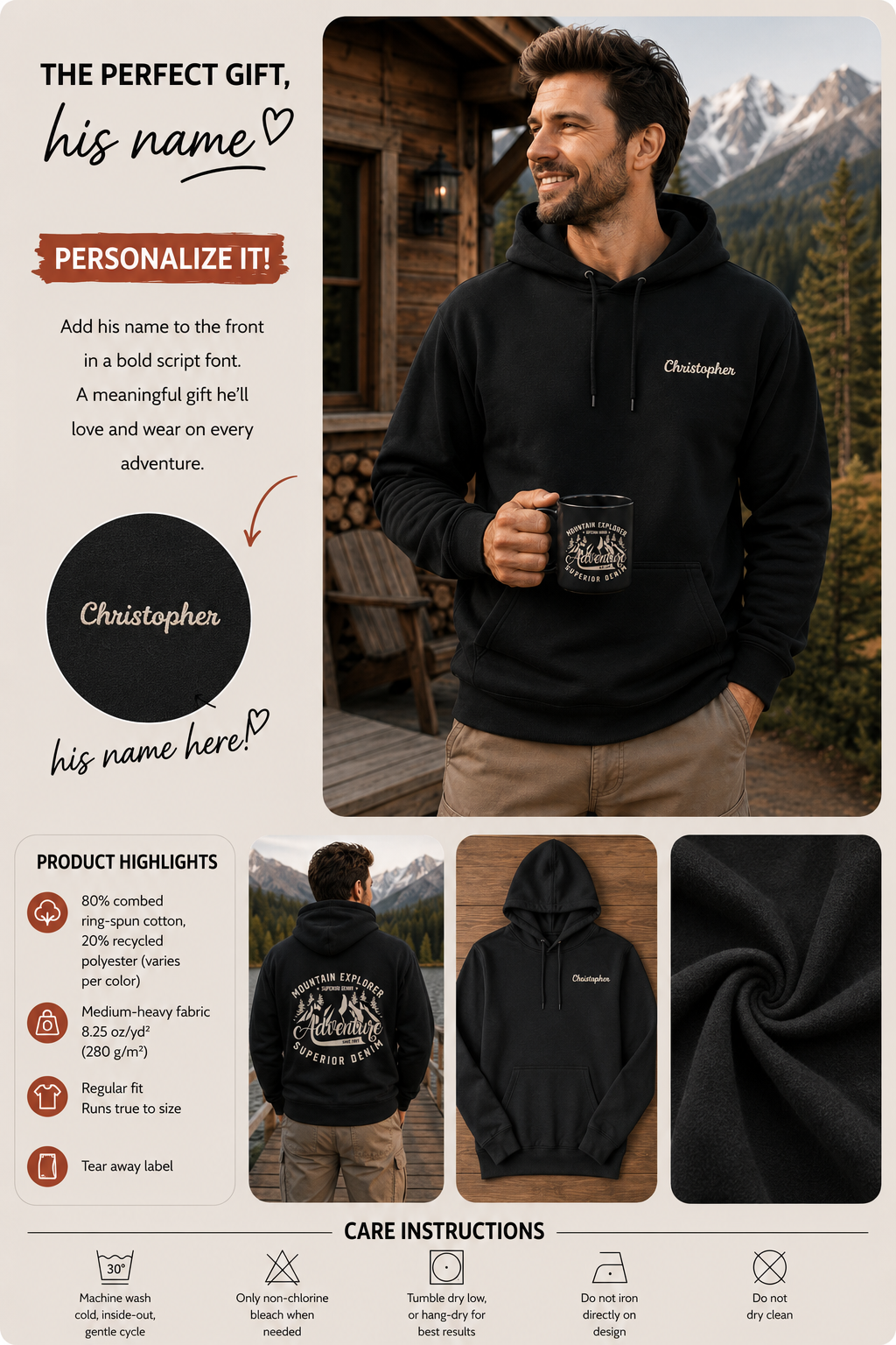 A promotional collage for a black personalized hoodie. The main panel shows a man wearing the hoodie outdoors in front of mountains, holding a mug. Name is customizable. Special gift for him.