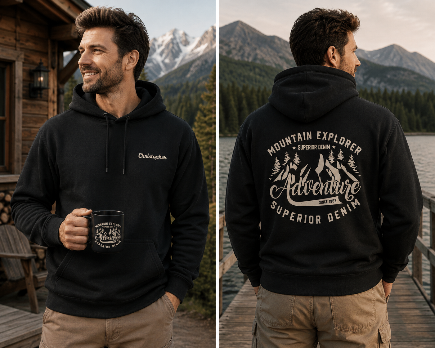 A man wearing a black pullover hoodie is shown in a split front-and-back view outdoors by a lake with mountains in the background. The front has a small white embroidered name on the left chest, and the back has a large white graphic reading 'Mountain Explorer Superior Denim Adventure Superior Denim' with trees and mountains. Name is customizable. Special gift for him.