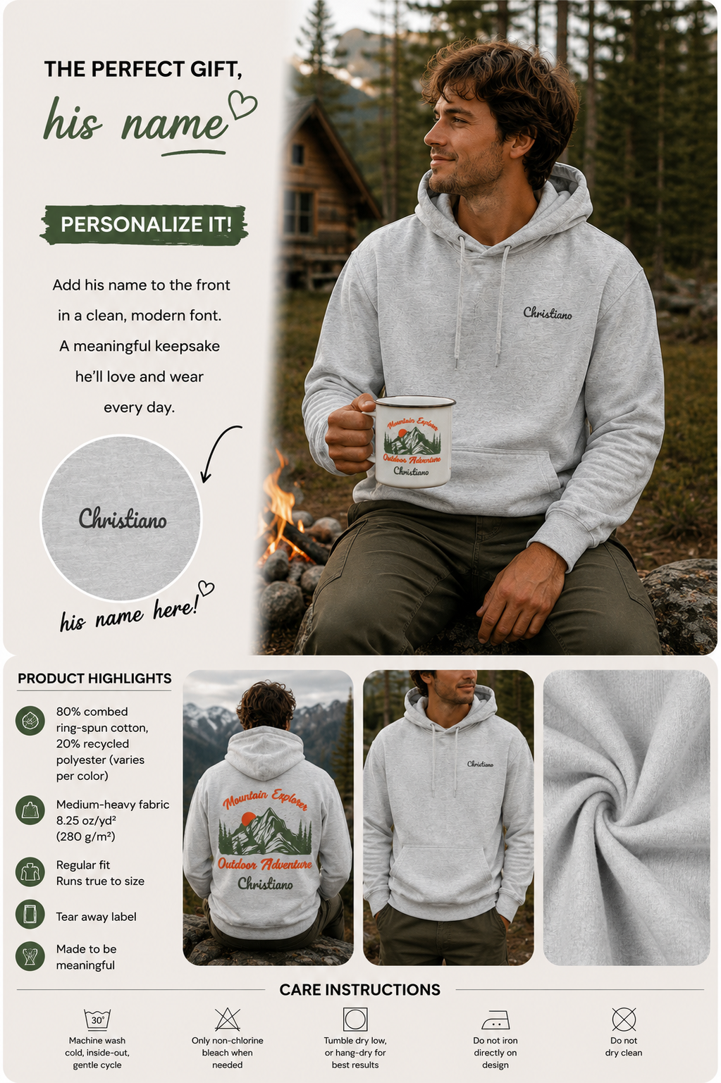 A informational graphic for a customizable light gray hoodie. The main image shows a man sitting outdoors by a campfire wearing the hoodie, holding a mug. On the back the personalizable hoodie has a print with "Mountain Explorer – Outdoor Adventure". Special gift for him, dad, granddad, boyfriend.