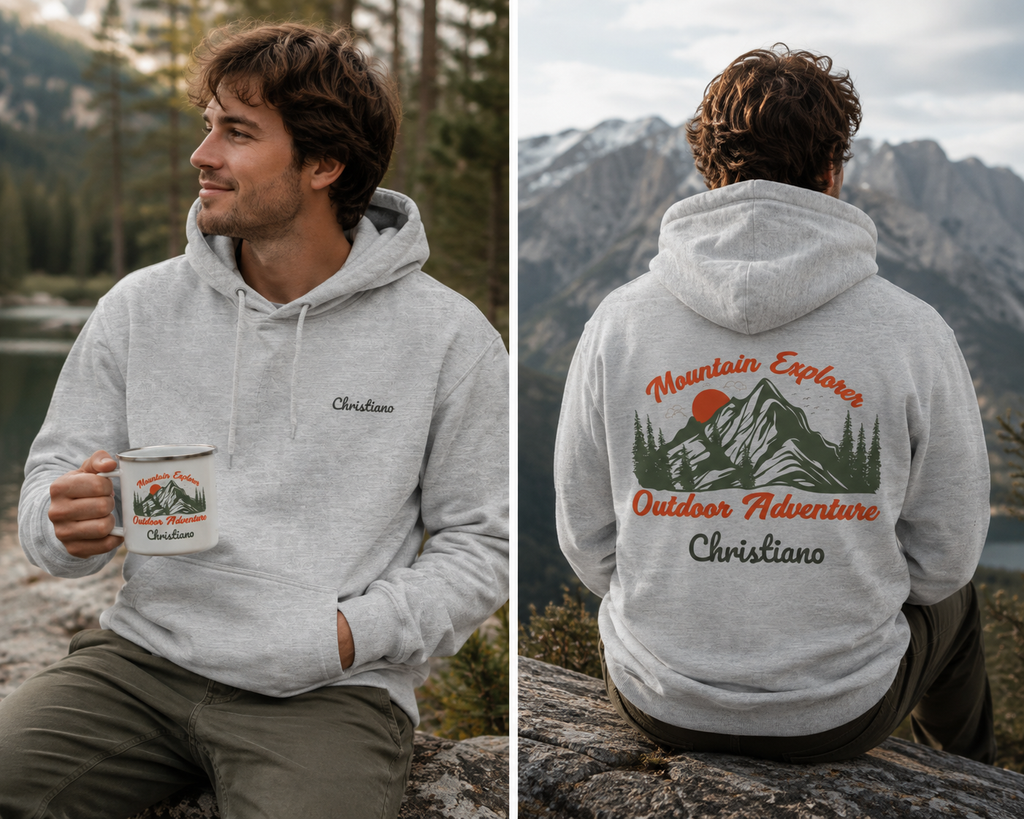 A man wearing a light gray custom hoodie is shown in a split view, facing left while holding a matching printed mug, and facing backward to show the back graphic. The hoodie has 'Christiano' embroidered on the left chest and is personalizablee. Also features a large outdoor mountain graphic with the text 'Mountain Explorer Outdoor Adventure Christiano' on the back. Special gift for him, dad, granddad, boyfriend