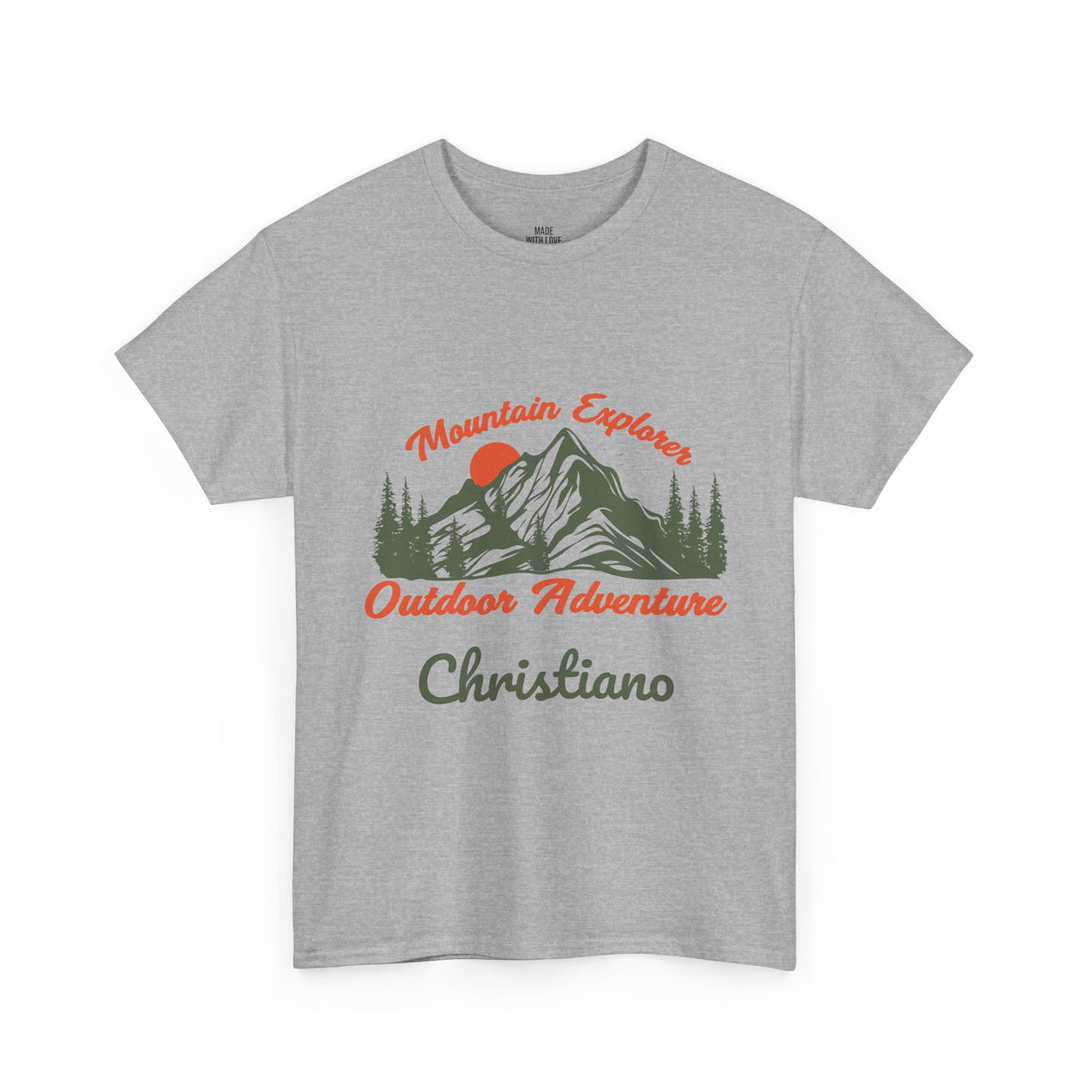 Mountain Explorer Outdoor Adventure personalized t-shirt with badge design and name on the front