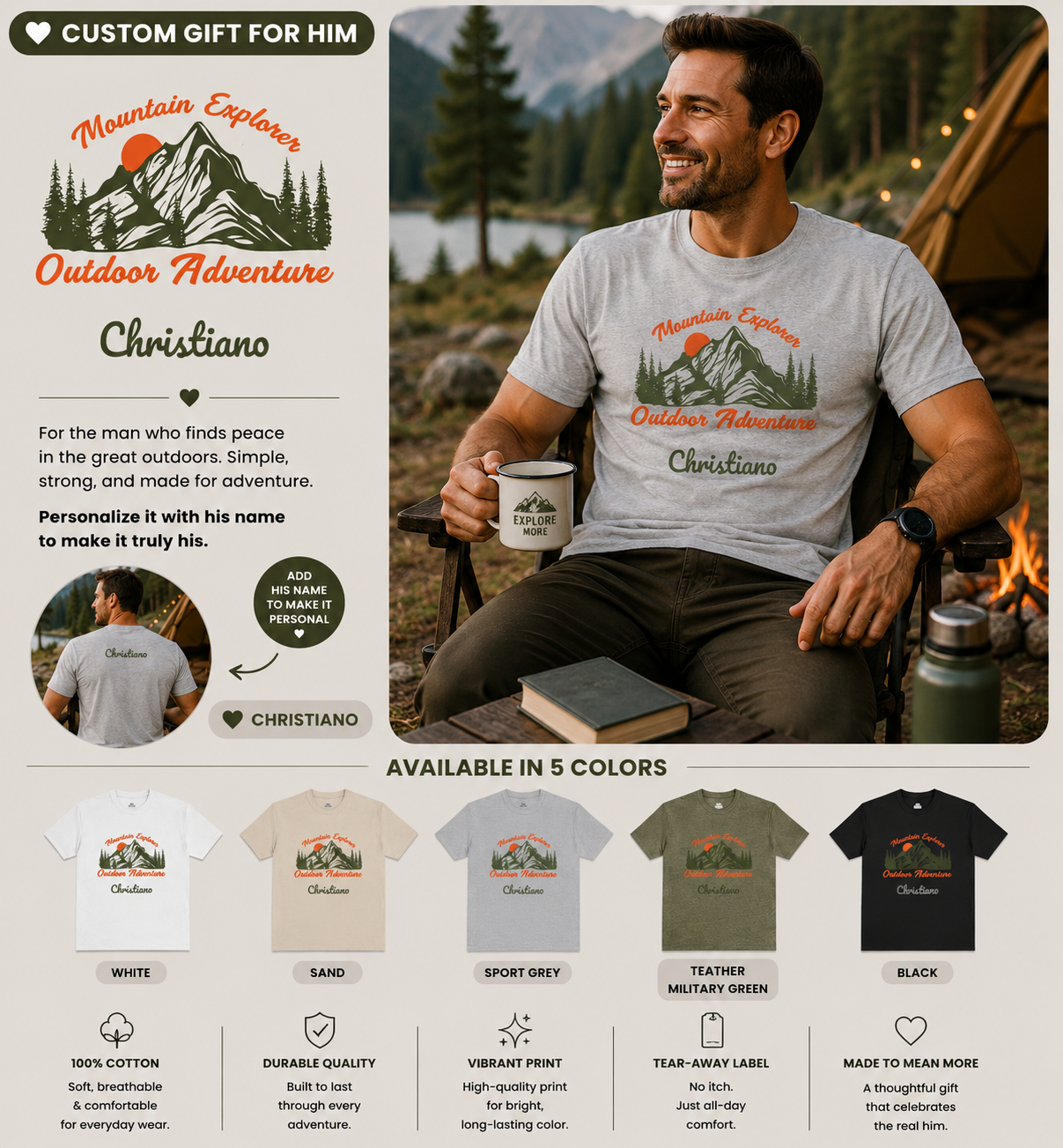 Mountain Explorer Outdoor Adventure t-shirt shown in a lifestyle setting