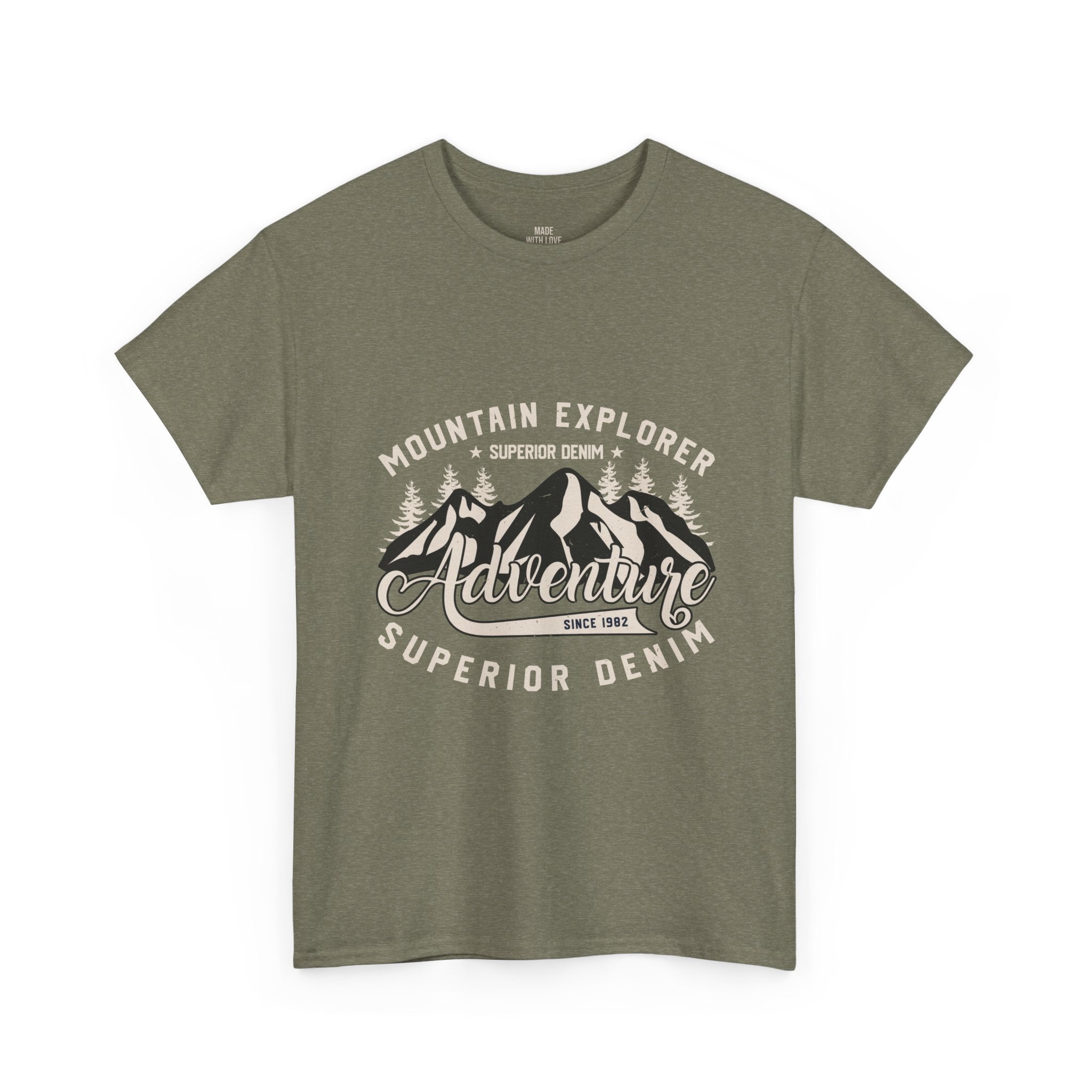 Mountain Explorer Superior Denim personalized t-shirt with workwear badge design on the front