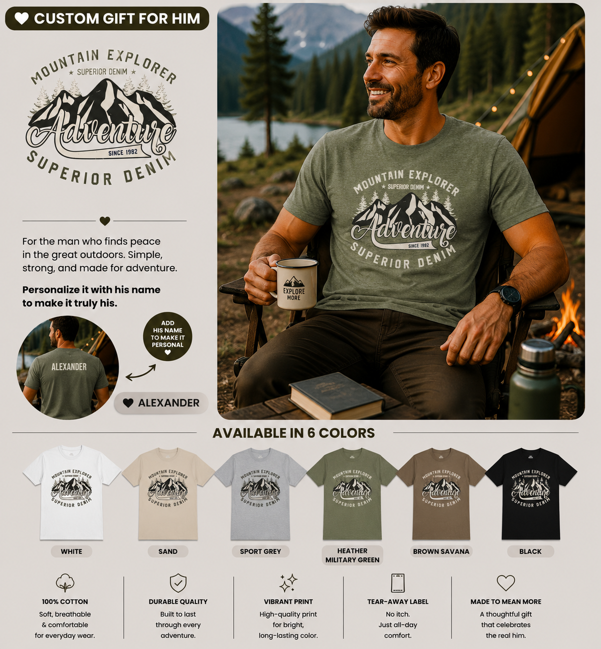 Mountain Explorer Superior Denim t-shirt back print with the name Alexander