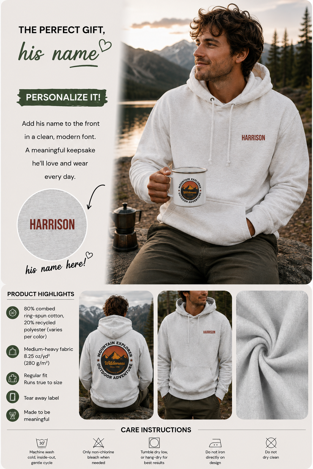 A informational graphic for a customizable white hoodie. The top half features a man sitting by a lake wearing the hoodie, which has a small red embroidered 'HARRISON' logo on the chest.Special gift him, dad, granddad, boyfriend