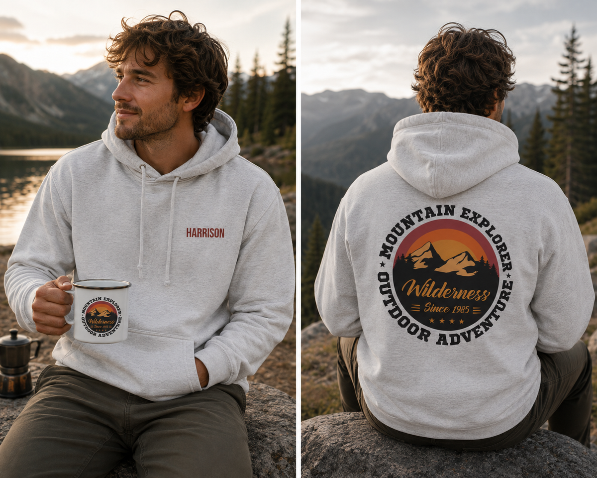 A man wearing a light gray hoodie is shown in a split view, facing left while holding a mug, and facing backward to show the back graphic. The background is a scenic mountain landscape at sunset. Special gift him, dad, granddad, boyfriend