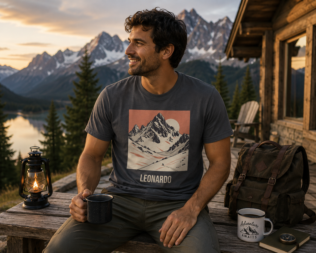 Mountain Sunset t-shirt shown in a lifestyle setting