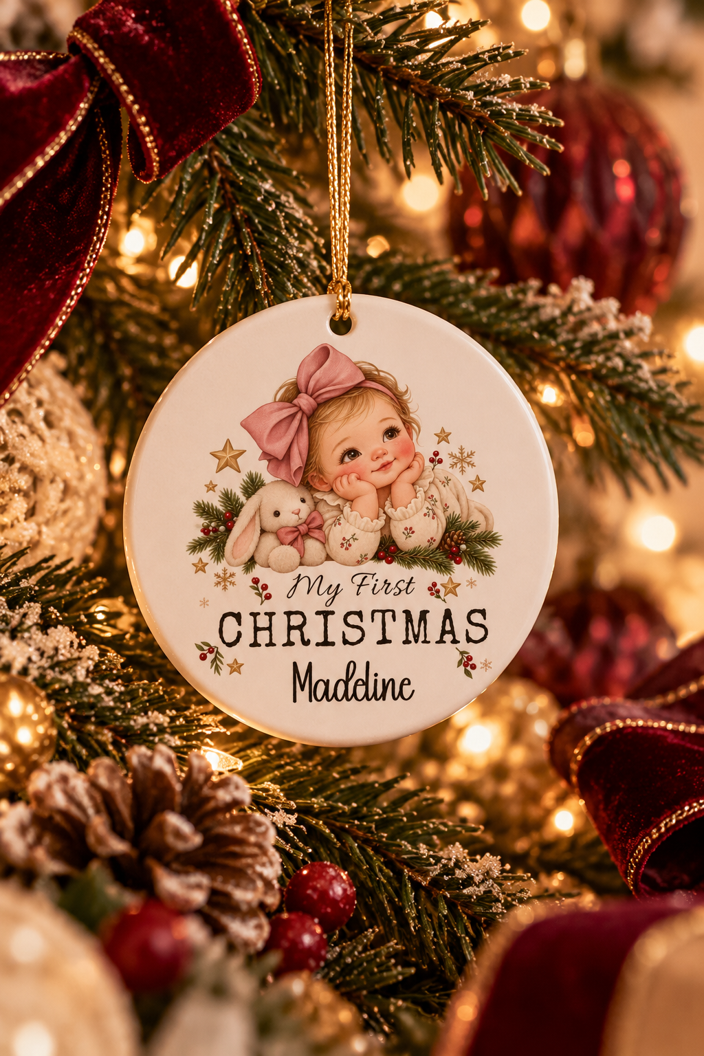 Personalized My First Christmas Baby Girl ornament on a decorated Christmas tree with red ribbon and warm lights, lifestyle photo