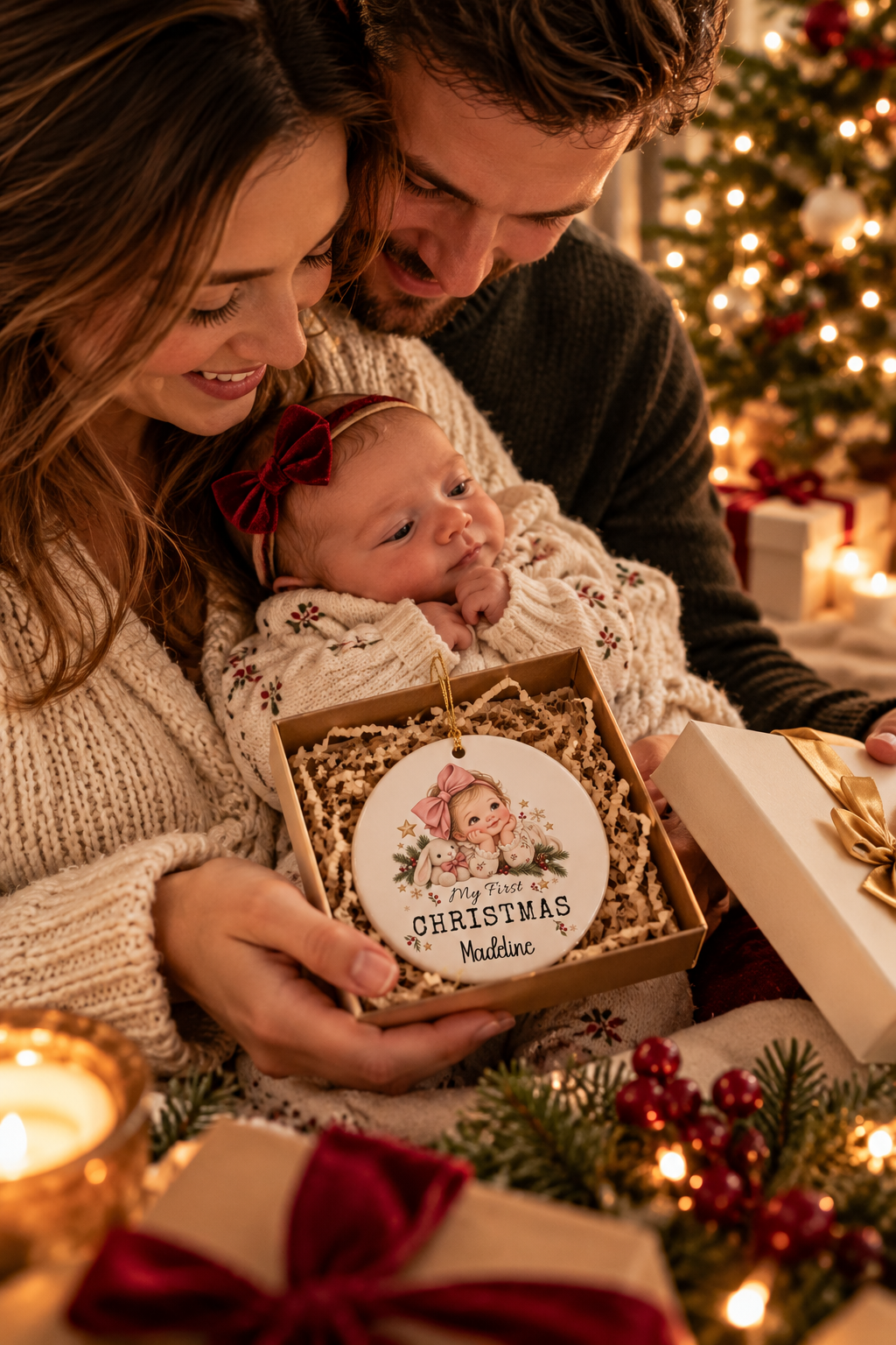 New parents holding their baby with the My First Christmas baby girl ornament