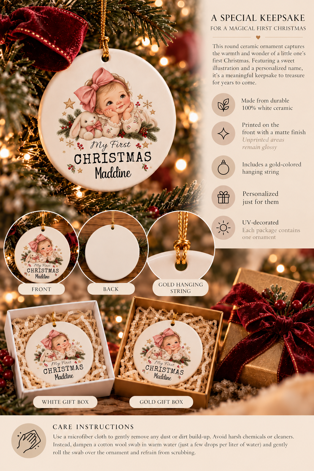 Personalized My First Christmas Baby Girl ornament infographic with features, gift packaging options and care instructions