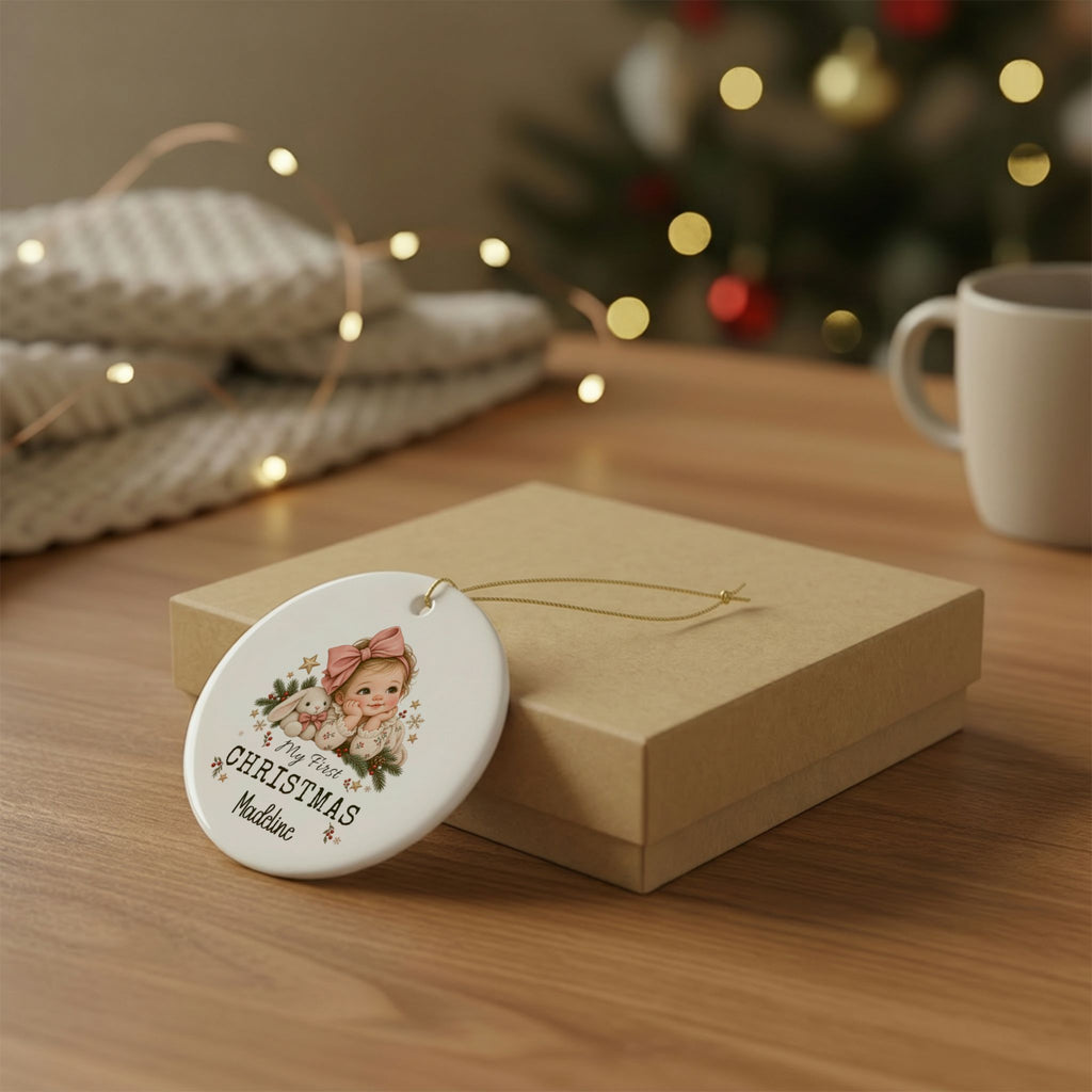 Personalized baby girl's first Christmas ornament resting on a kraft gift box beside a mug and knit throw
