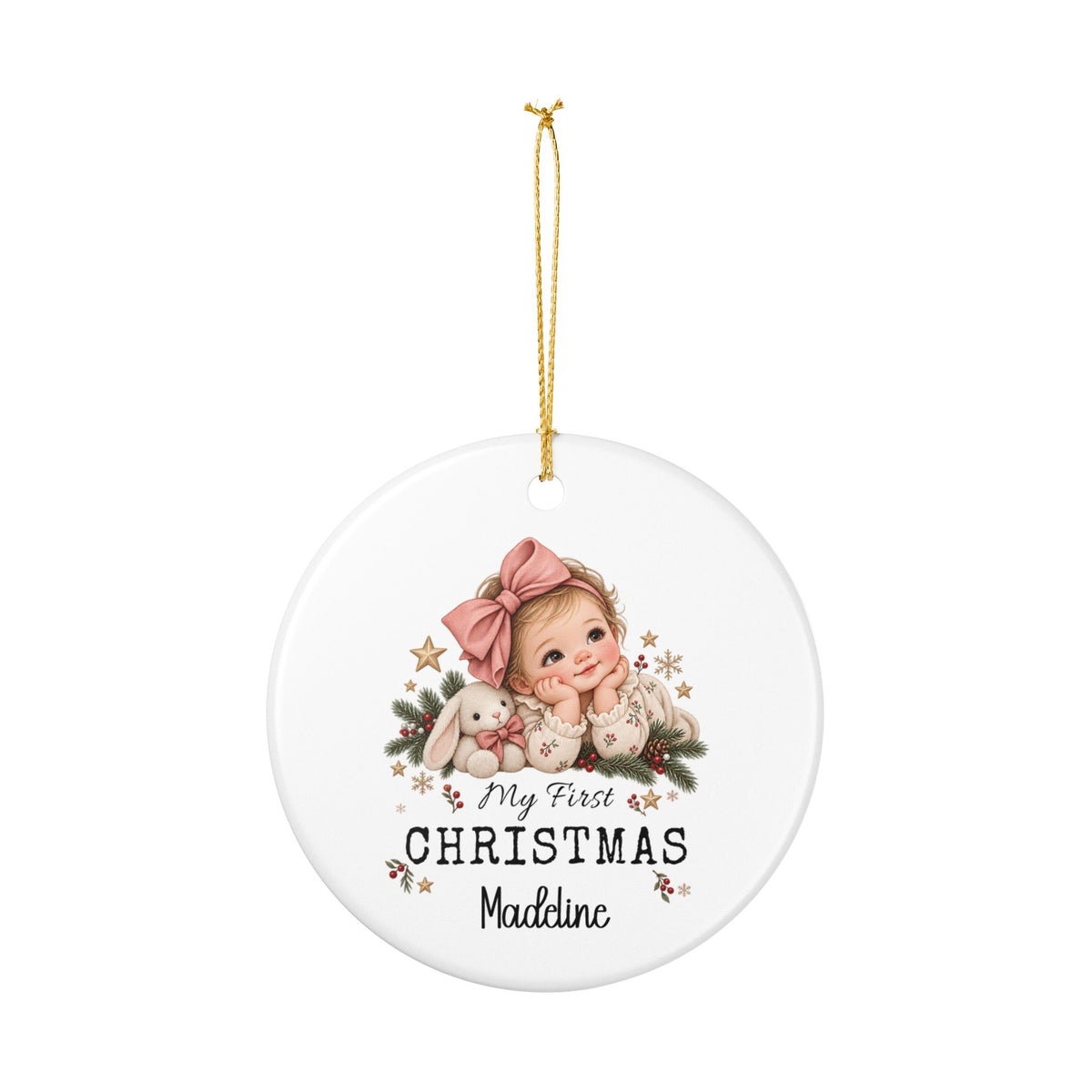 Personalized My First Christmas Baby Girl ornament hanging from its gold string