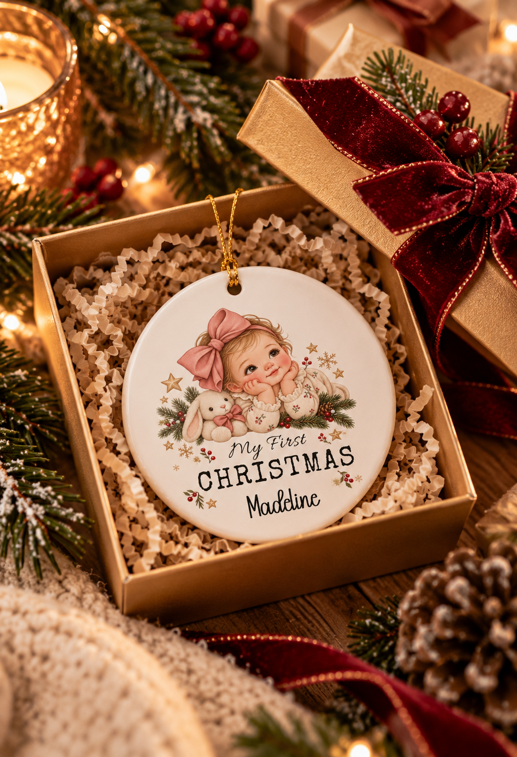 My First Christmas Baby Girl ornament nestled in a kraft gift box with crinkle paper, ready to give