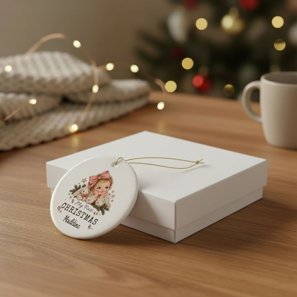 My First Christmas Baby Girl ornament leaning against a white gift box on a wooden table