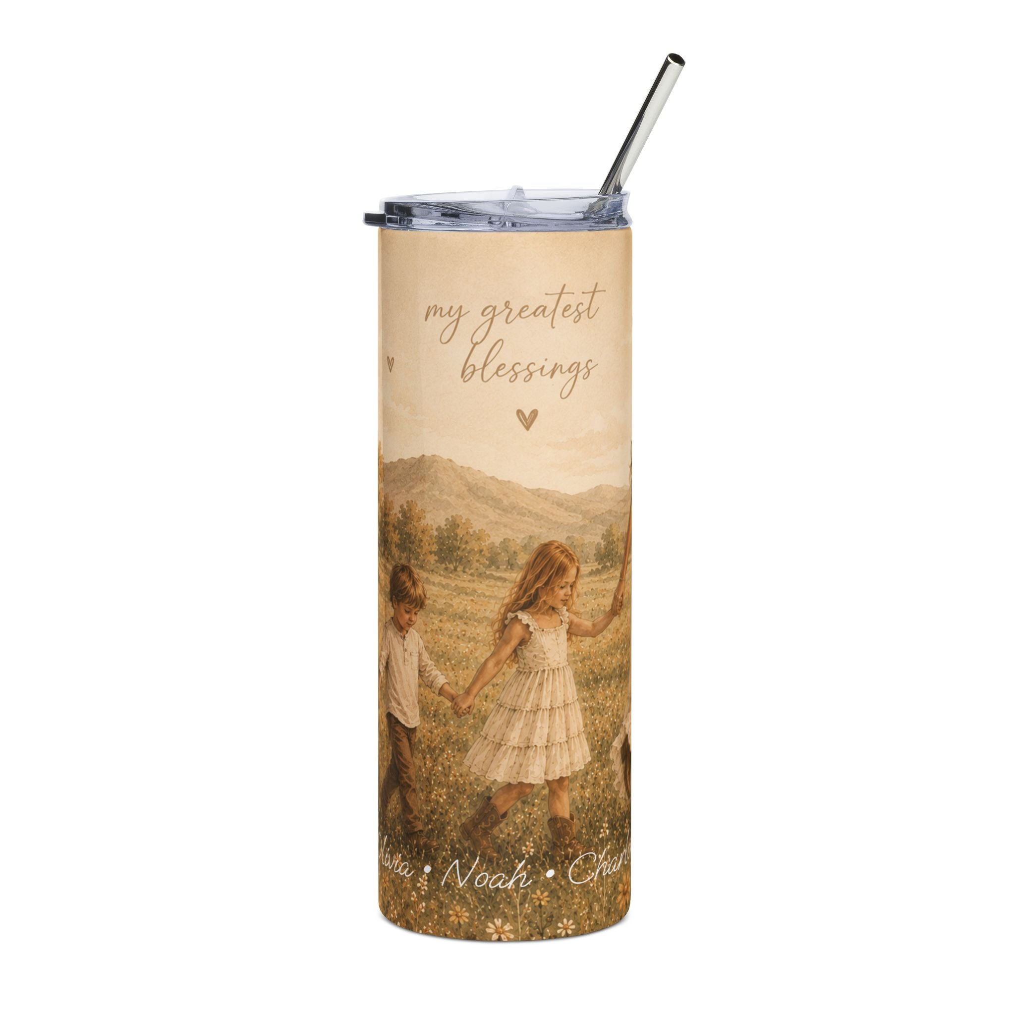 Personalized My Greatest Blessings tumbler with a watercolor meadow scene and children's names