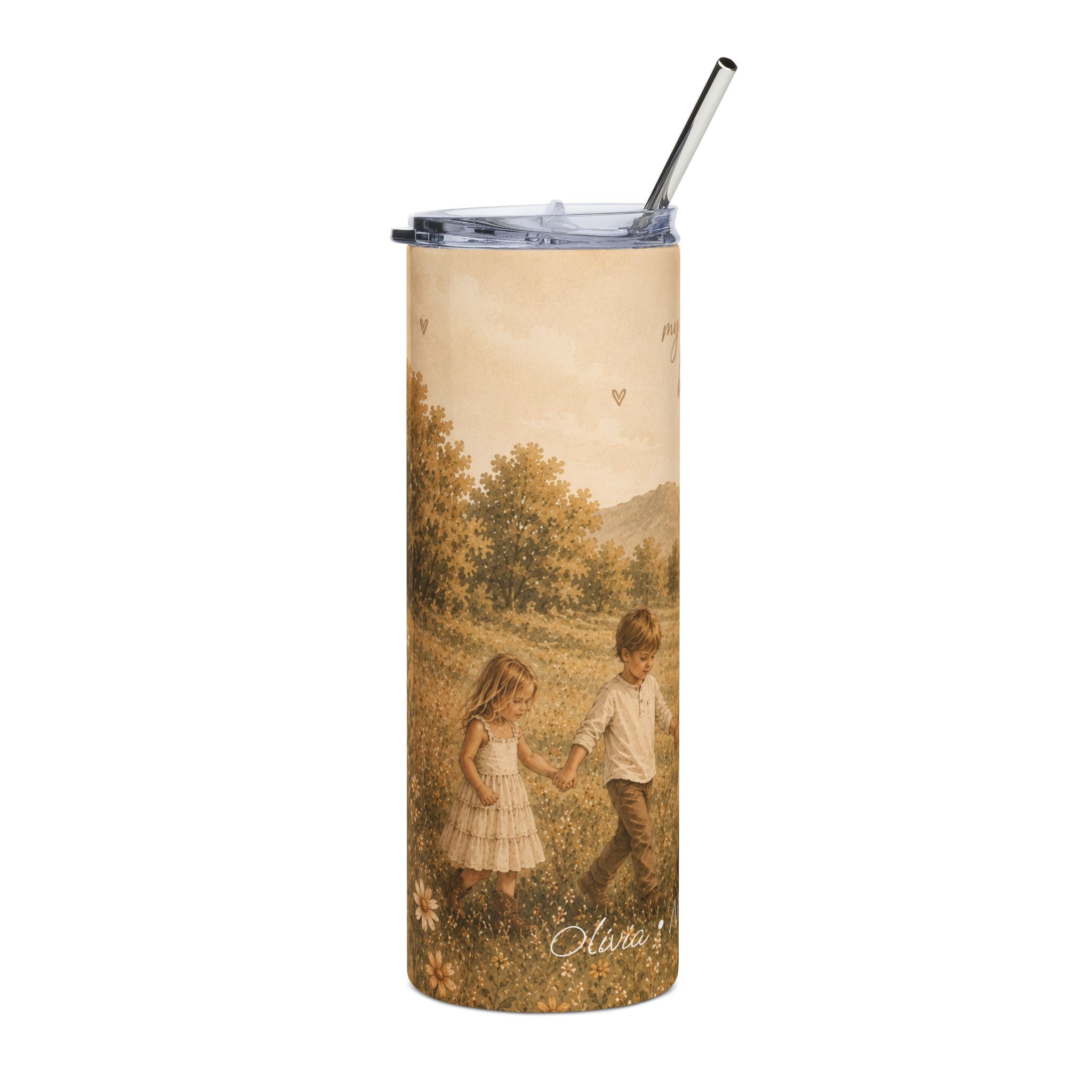 Side view of the My Greatest Blessings tumbler showing the meadow scene wrapping around