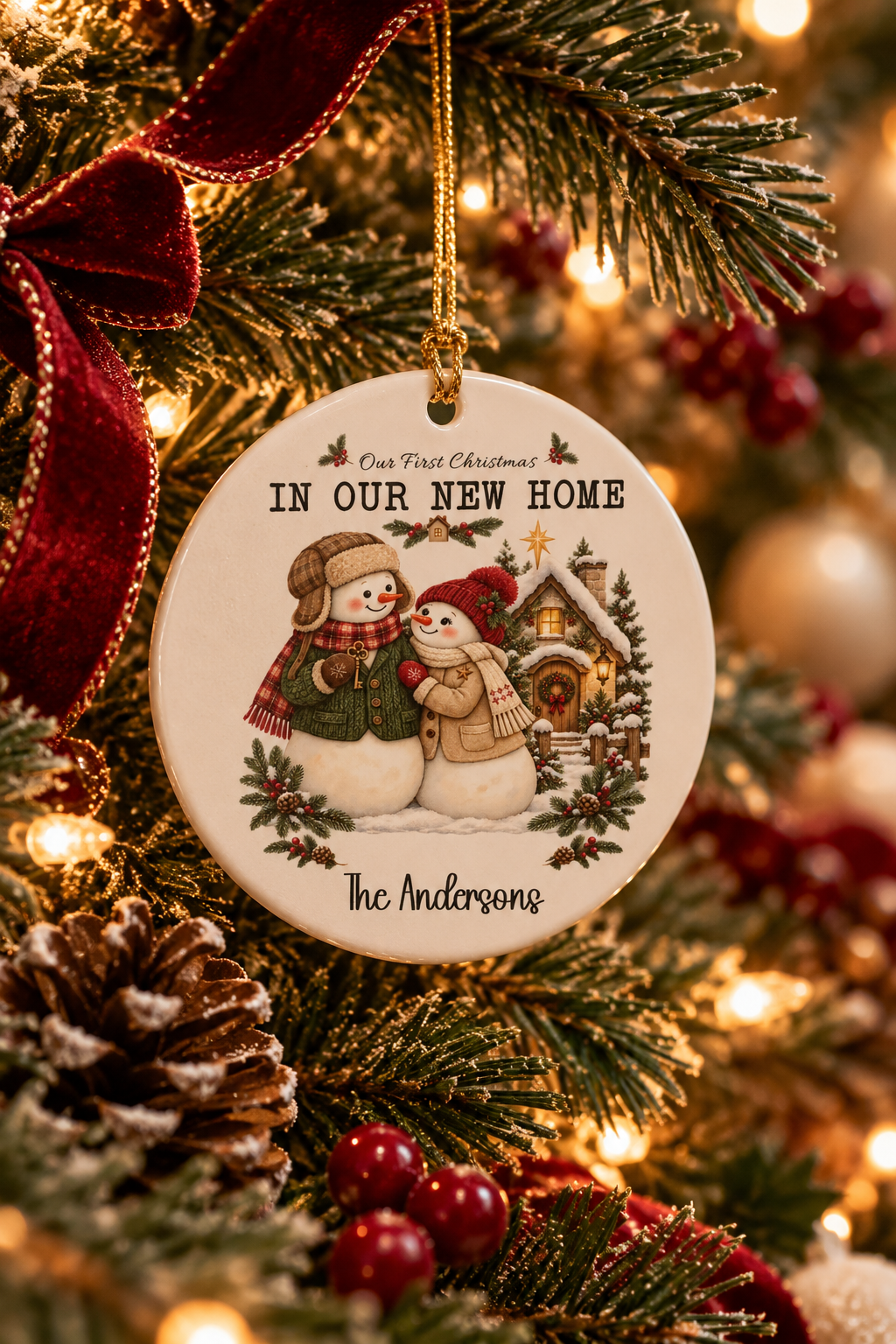 Personalized First Christmas in Our New Home ornament on a decorated Christmas tree with red ribbon and warm lights, lifestyle photo