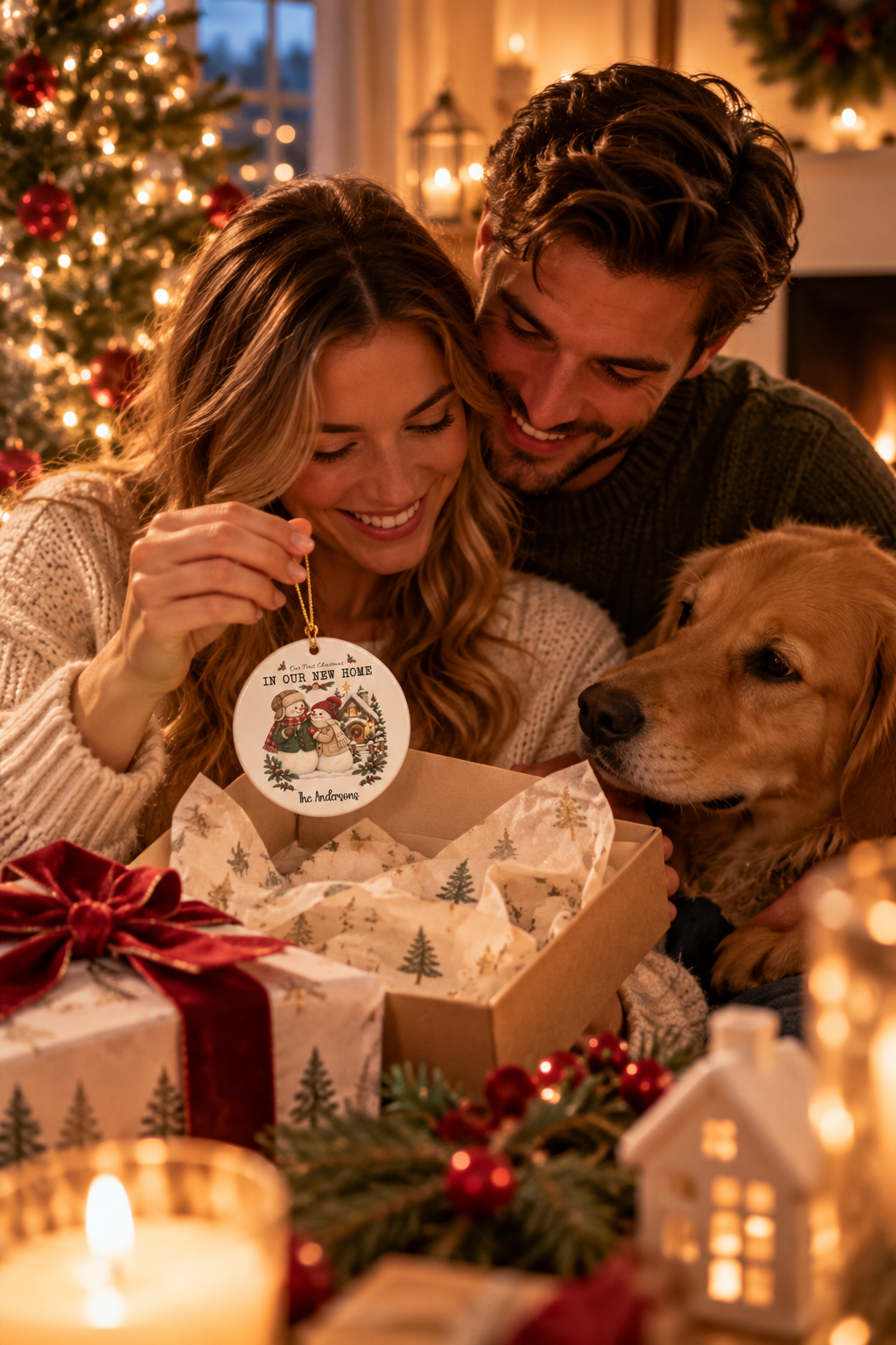 Couple with their dog opening the First Christmas in Our New Home ornament