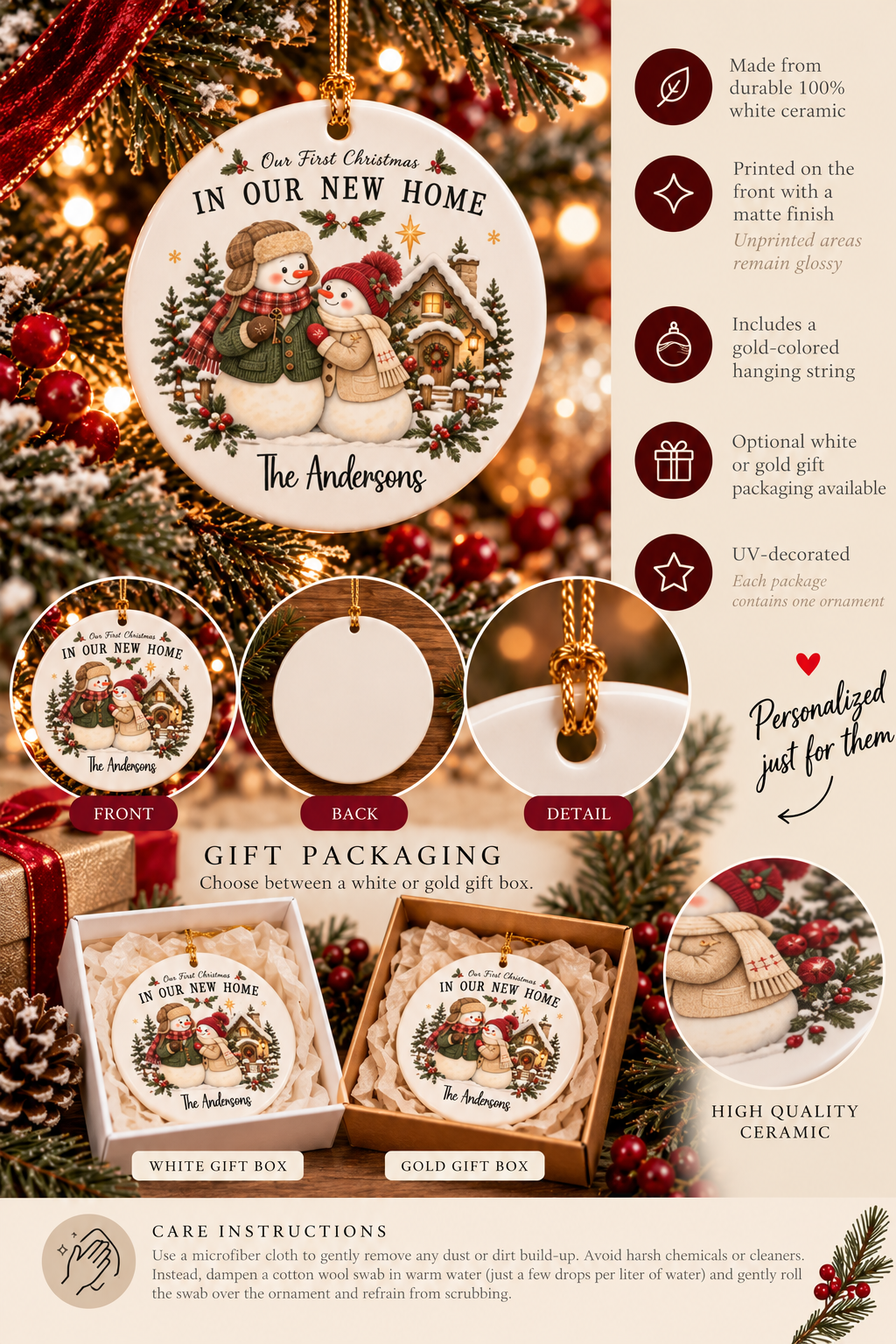 Personalized First Christmas in Our New Home ornament infographic with features, gift packaging options and care instructions