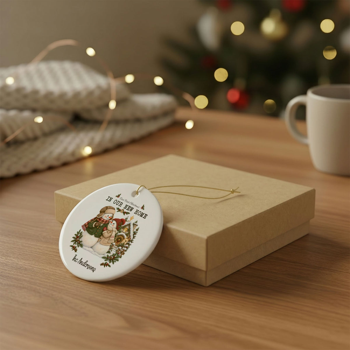 Personalized new home Christmas ornament resting on a kraft gift box beside a mug and knit throw