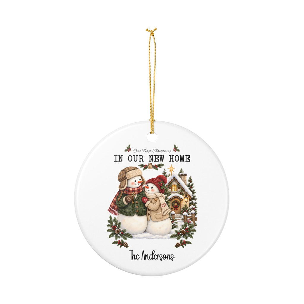 Personalized First Christmas in Our New Home ornament hanging from its gold string