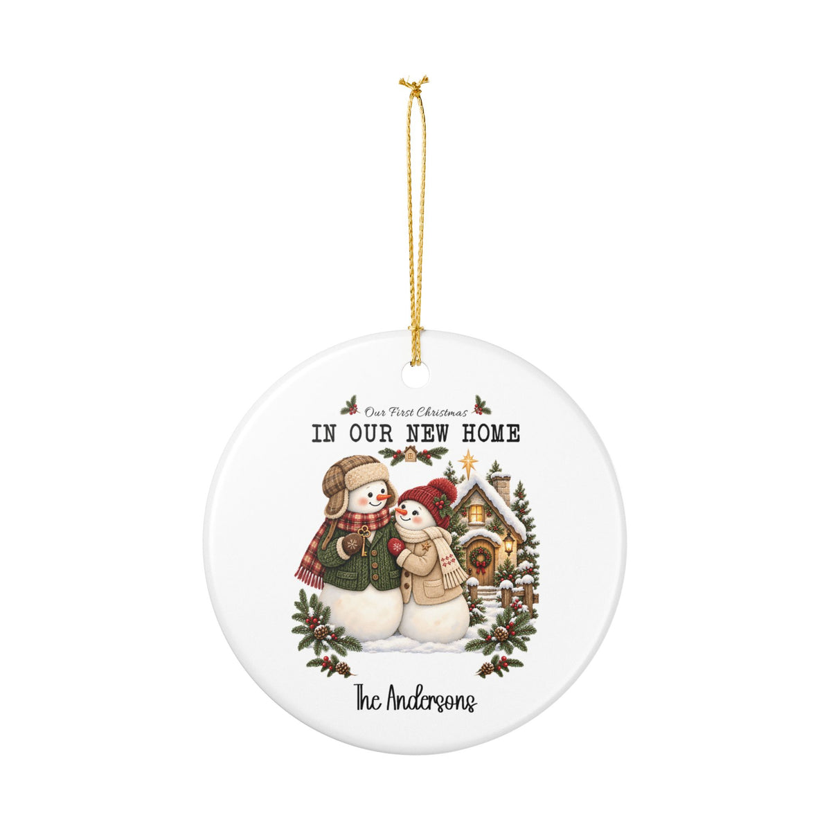 Personalized First Christmas in Our New Home ornament hanging from its gold string