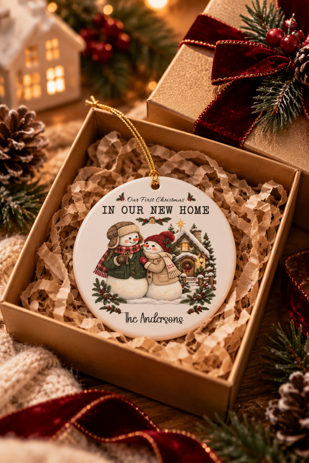 First Christmas in Our New Home ornament nestled in a kraft gift box with crinkle paper, ready to give