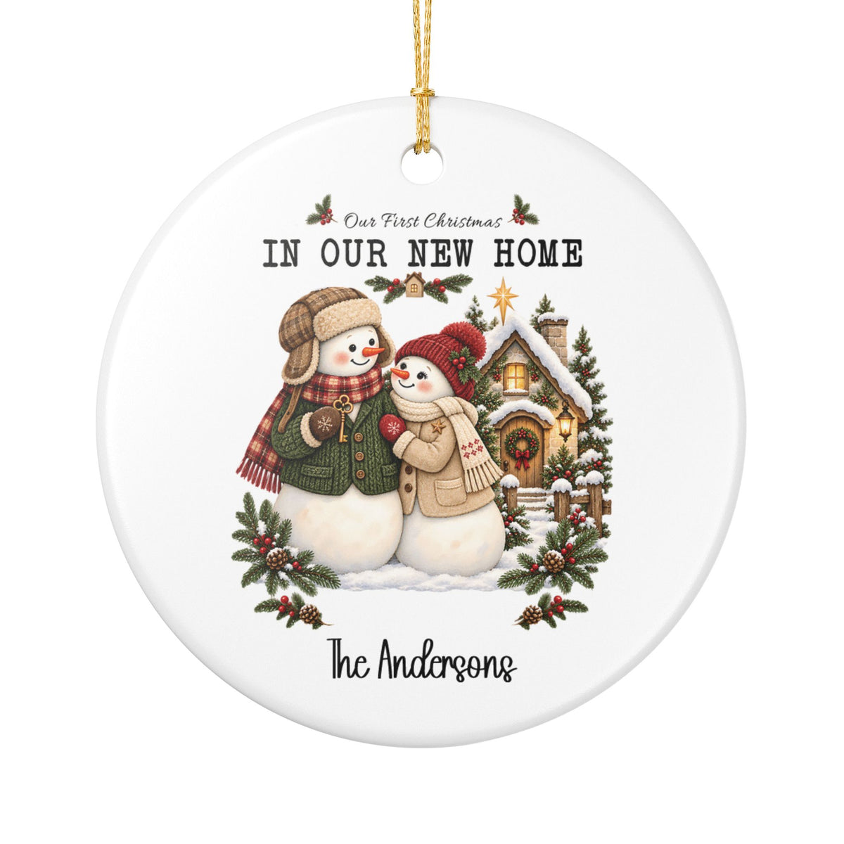 First Christmas in Our New Home ceramic Christmas ornament personalized with "In Our New Home" and the family name