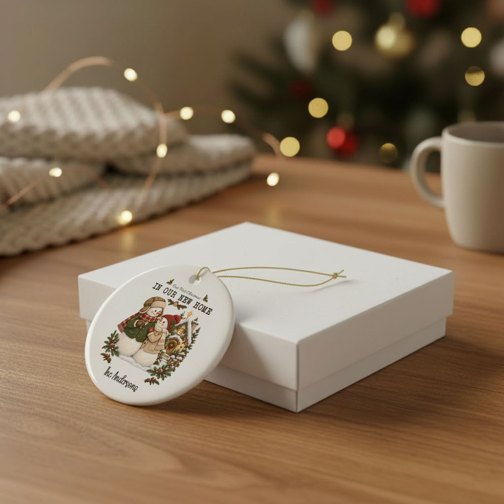 First Christmas in Our New Home ornament leaning against a white gift box on a wooden table