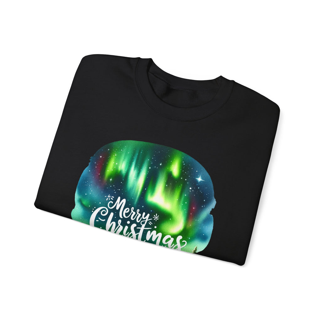 Black personalized Northern Lights Family Christmas sweatshirt, folded
