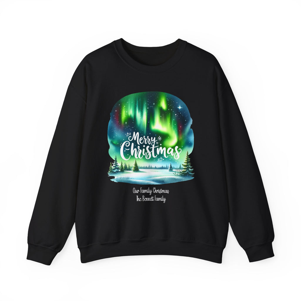 Black personalized Northern Lights Family Christmas sweatshirt, front view