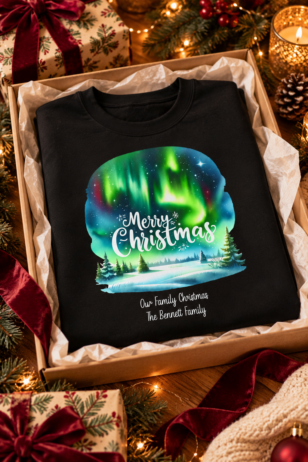 Black personalized Northern Lights Family Christmas sweatshirt, in a Christmas gift box, lifestyle photo