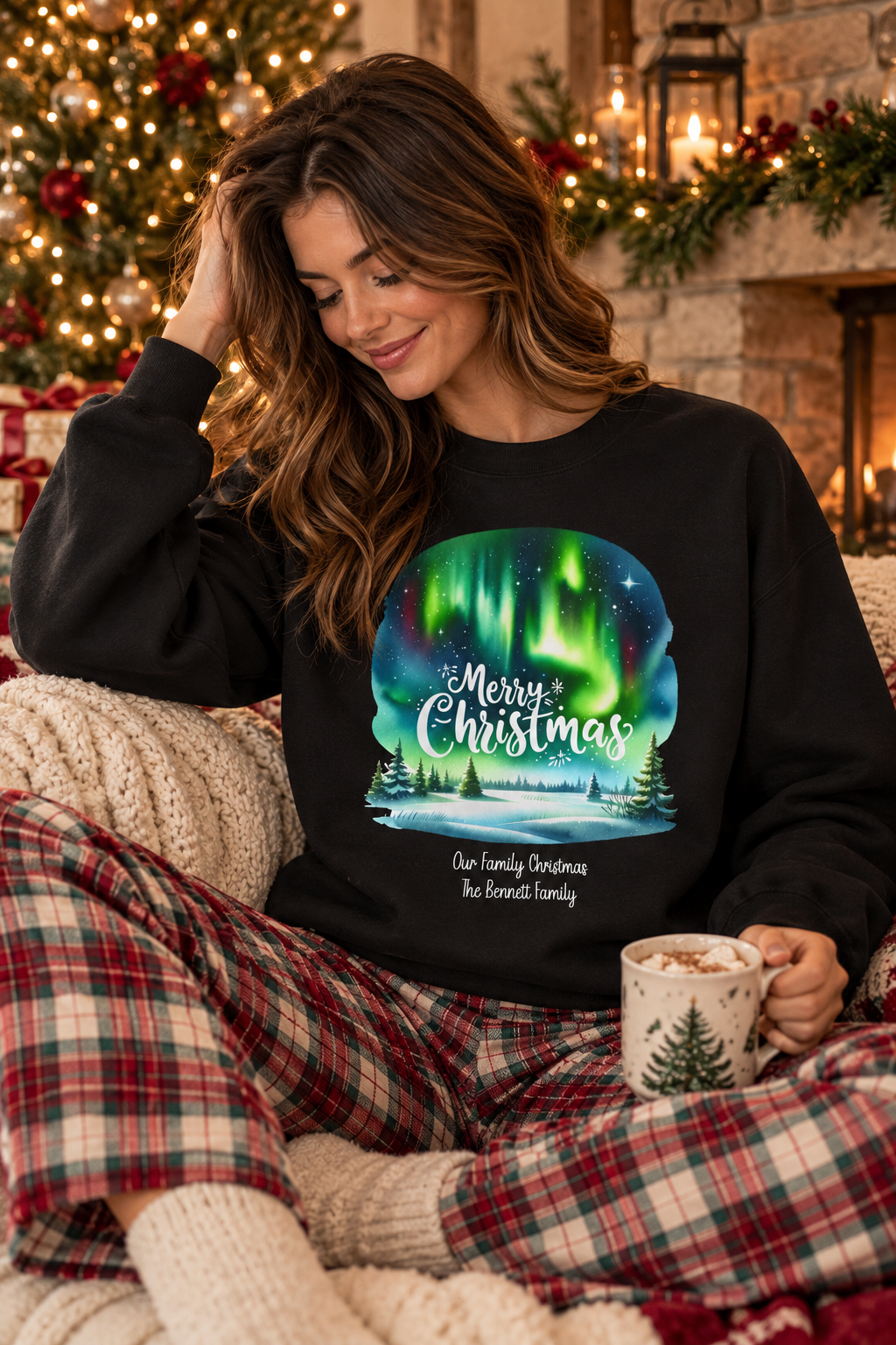Black personalized Northern Lights Family Christmas sweatshirt, lifestyle photo by the Christmas tree